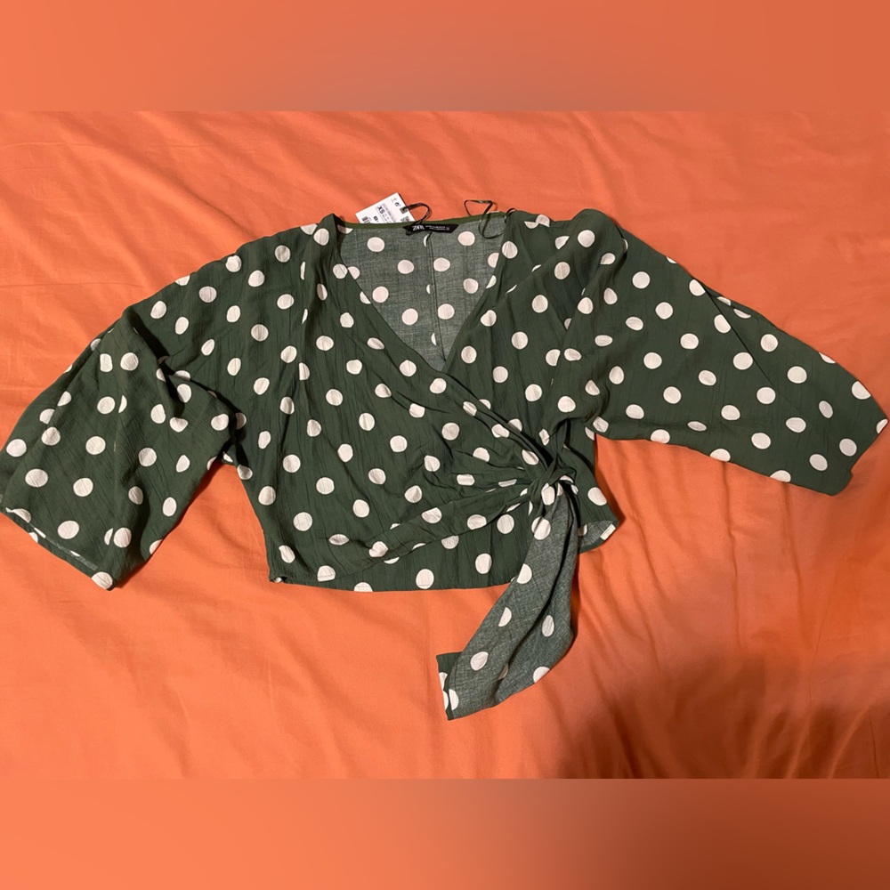 Zara Olive Polka Dot Wrap Blouse